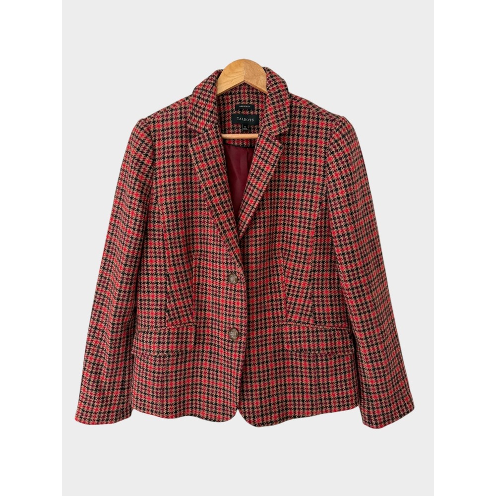 Talbots Aberdeen Red Houndstooth Wool Blend Blazer Crest Buttons Jacket Size 12
